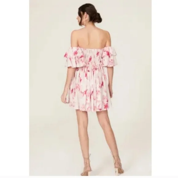 New Misa Los Angeles Women's Pink Floral Smocked Off Shoulder Mini Dress Medium - Picture 3 of 6